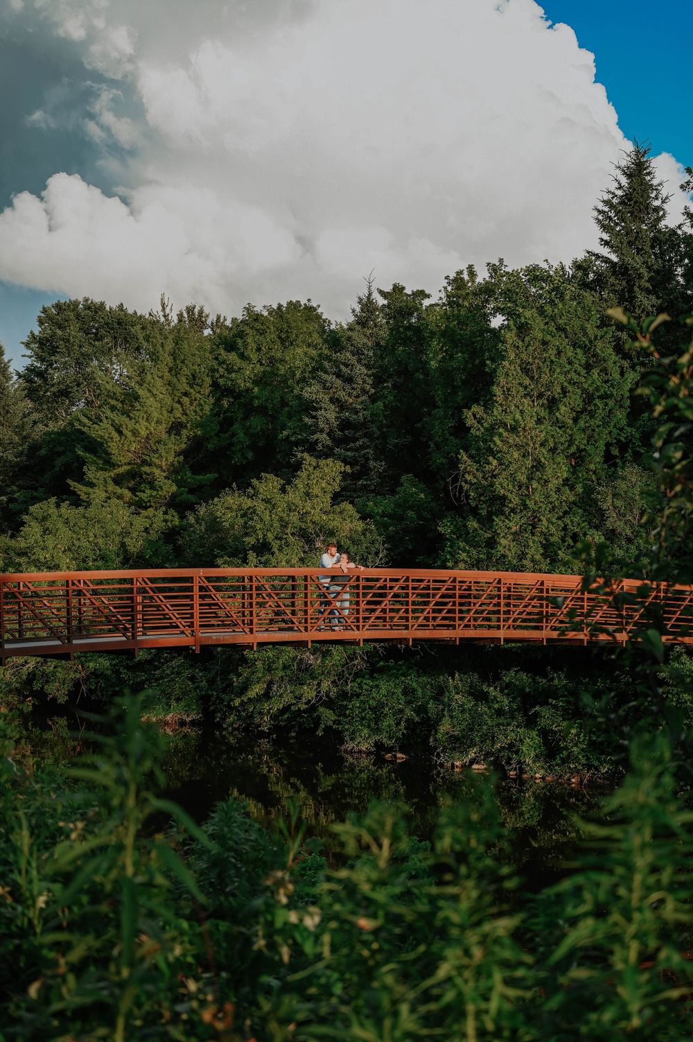A rustic wooden footbridge spans across a green forest landscape under dramatic white clouds in a blue sky.