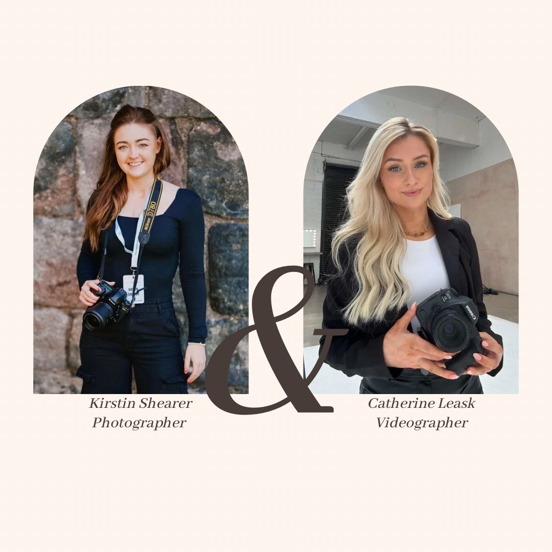 Professional headshots showing two photographers with their cameras against neutral backgrounds.