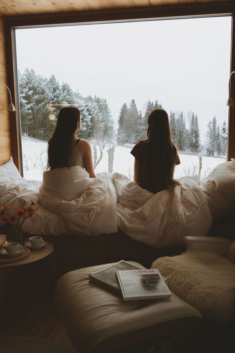 Cozy winter morning scene with two figures wrapped in blankets looking out at snowy landscape.