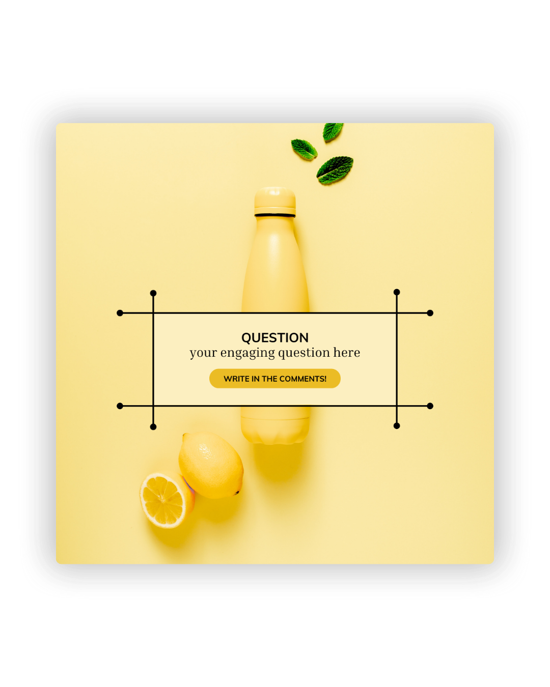 Yellow bottle and lemon on a soft yellow background with text input section and green leaves decorative elements.