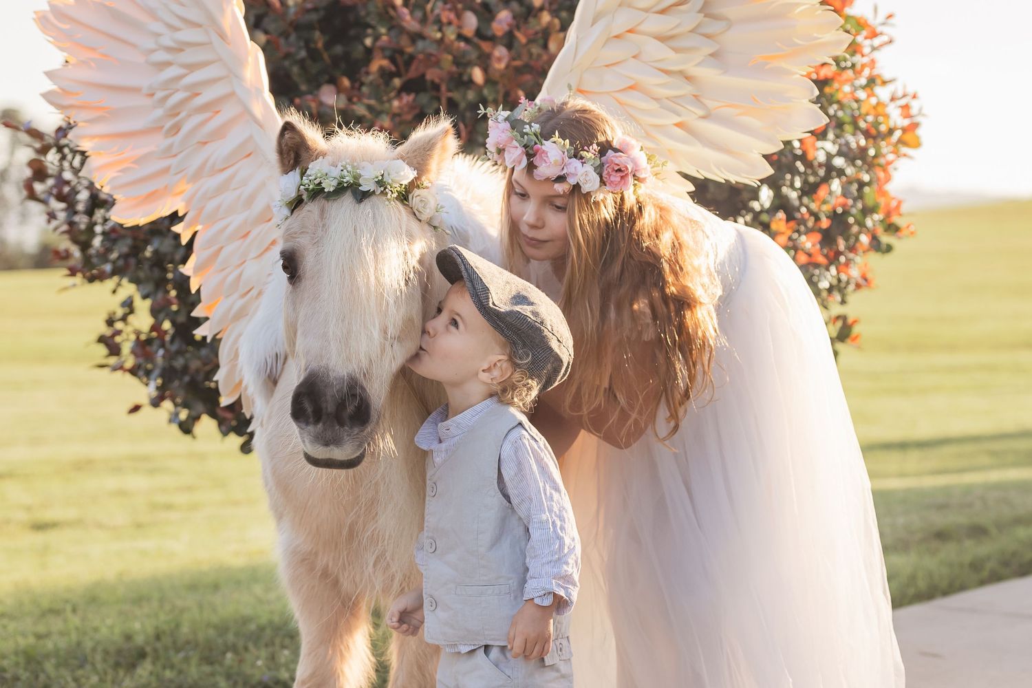 Ethereal photos with white wings, floral arrangements, and a horse in a sunlit field.