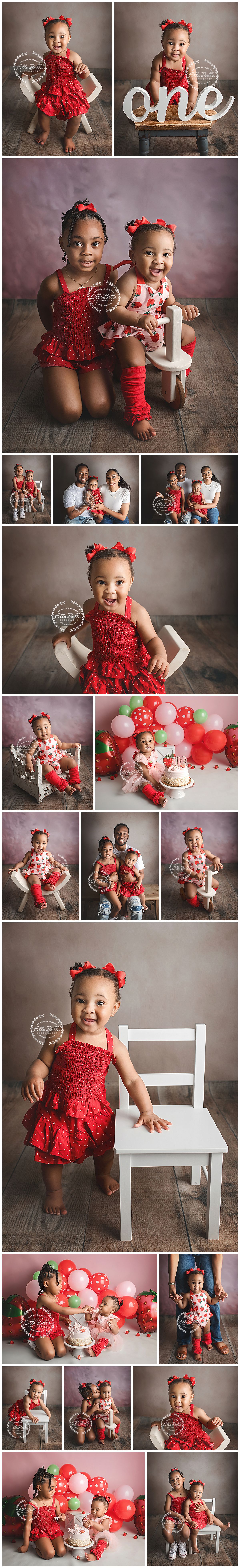 Adorable baby girl in red outfit celebrates first birthday with cake smash, balloons, and family photos marking her milestone.