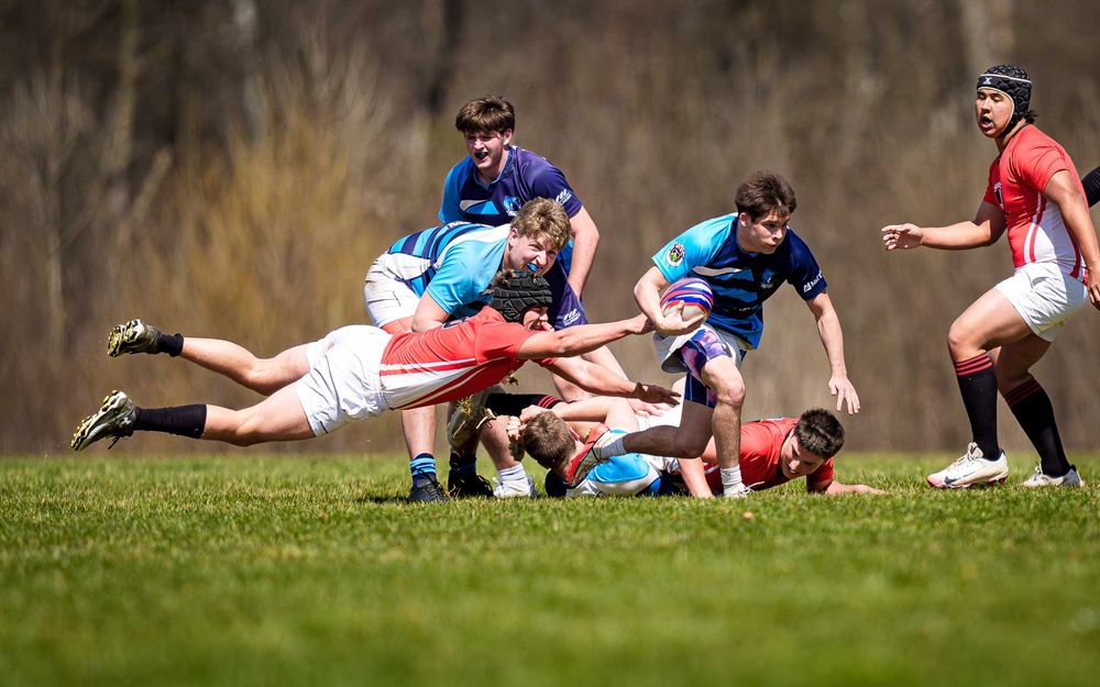 Elizabethtown Blues Rugby breaks from a ruck vs Cumberland Valley at Old Trolley Line Park, 2026 — SportsFox Photography
