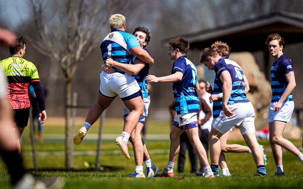 Elizabethtown Blues Rugby players celebrate a try in 58-10 win vs Cumberland Valley, March 2026 — SportsFox Photography