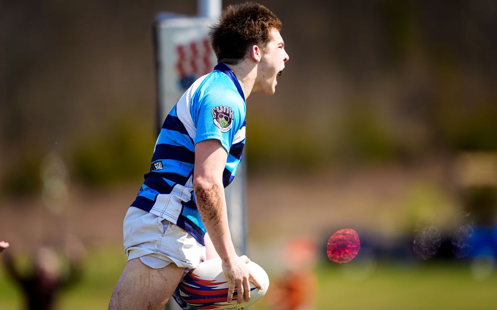 Elizabethtown Blues Rugby player reacts near the posts vs Cumberland Valley, Old Trolley Line Park 2026 — SportsFox Photography