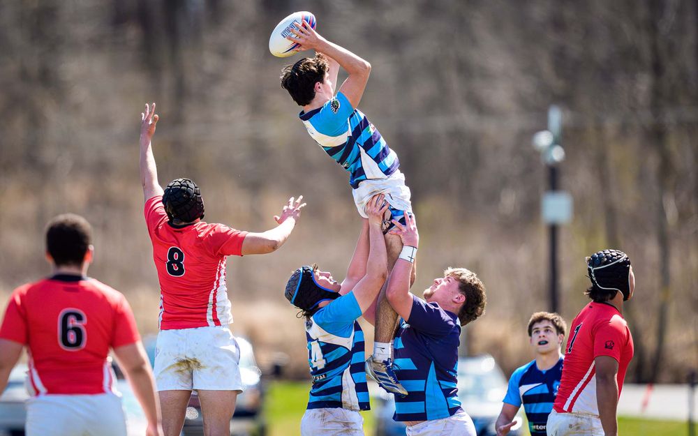 Elizabethtown Blues Rugby lineout vs Cumberland Valley at Old Trolley Line Park, spring 2026 — SportsFox Photography