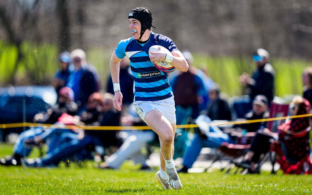 Elizabethtown Blues Rugby player breaks into open space vs Cumberland Valley, Old Trolley Line Park 2026 — SportsFox Photography
