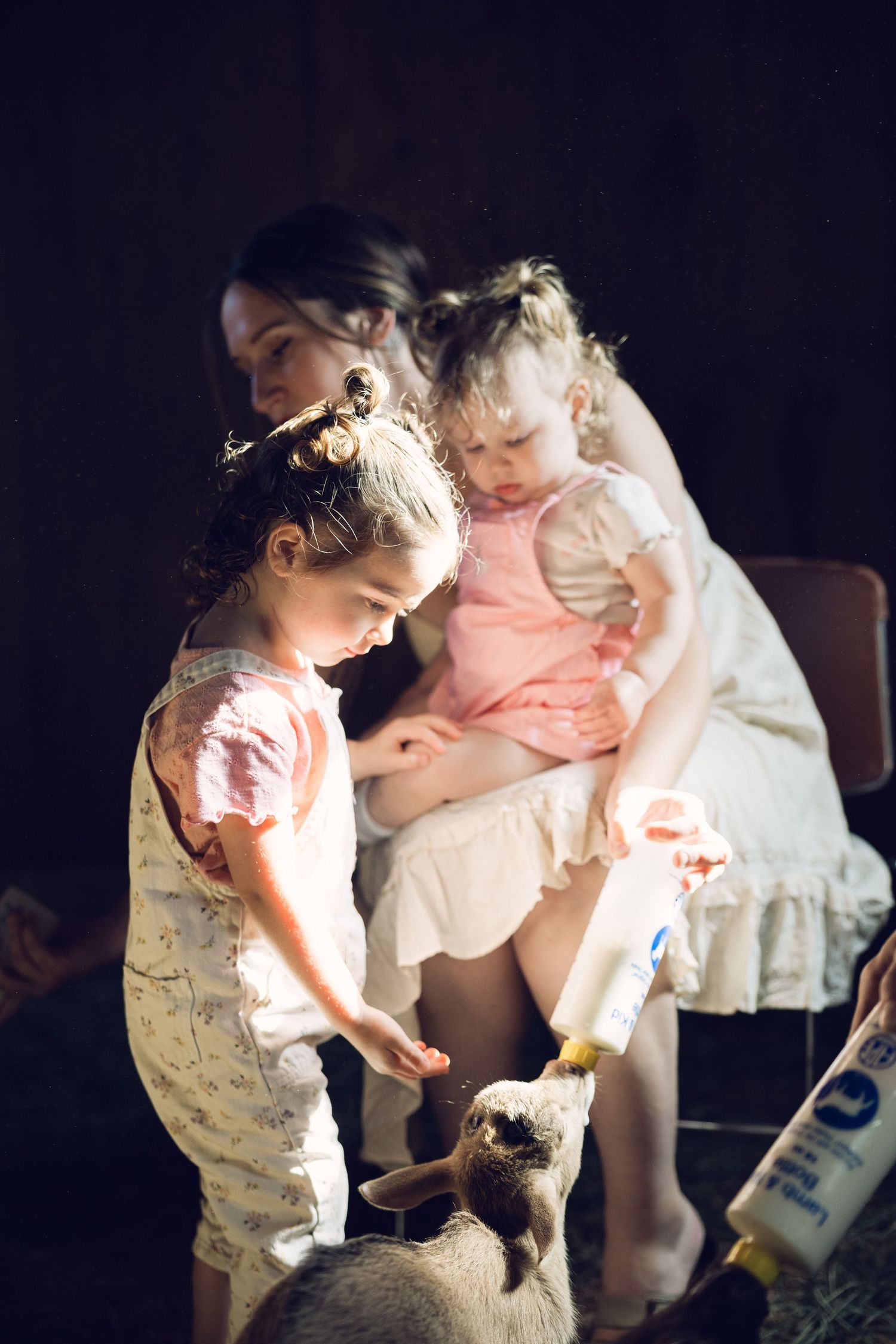 A woman holds a baby while a young girl feeds a lamb with a bottle in a warmly lit barn setting.