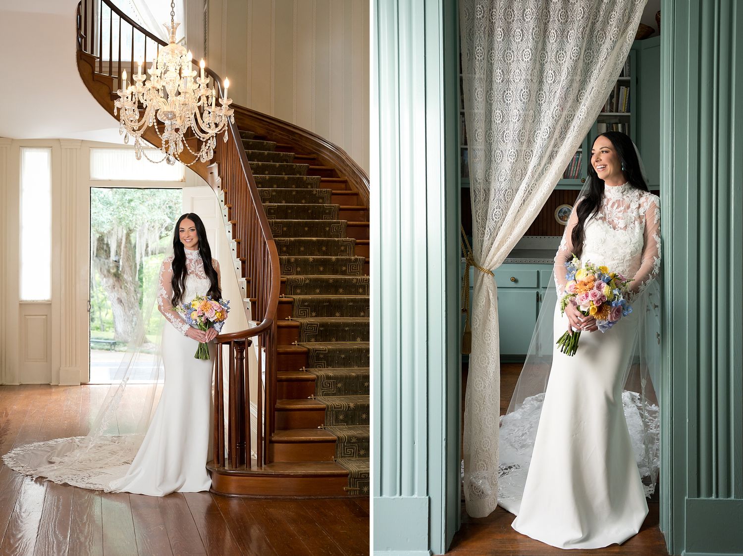 Bride in white gown with veil poses by spiral staircase and ornate curtains holding colorful bouquet.