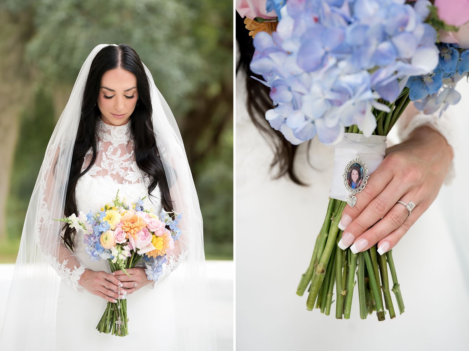 Bride in lace veil holding colorful bouquet with blue hydrangeas, pink and yellow flowers, with close-up of her manicured hands.