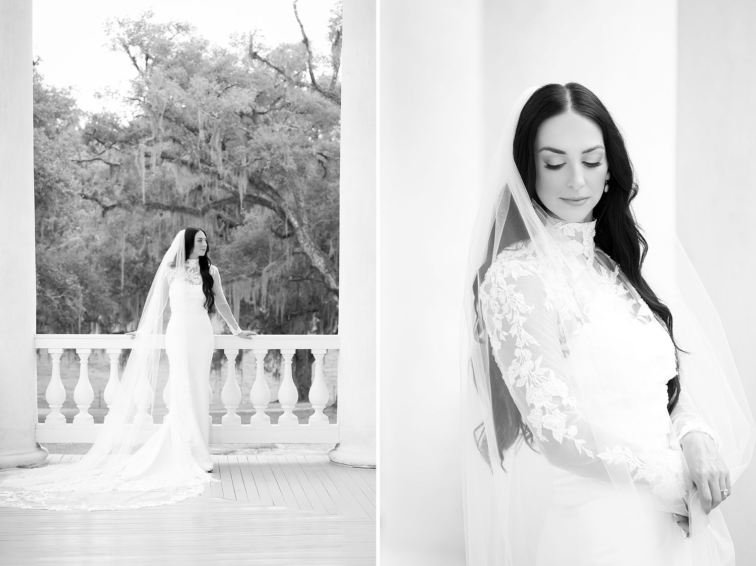 Black and white bridal portrait of a bride in a lace gown and long veil on a balcony and close-up detail shot.