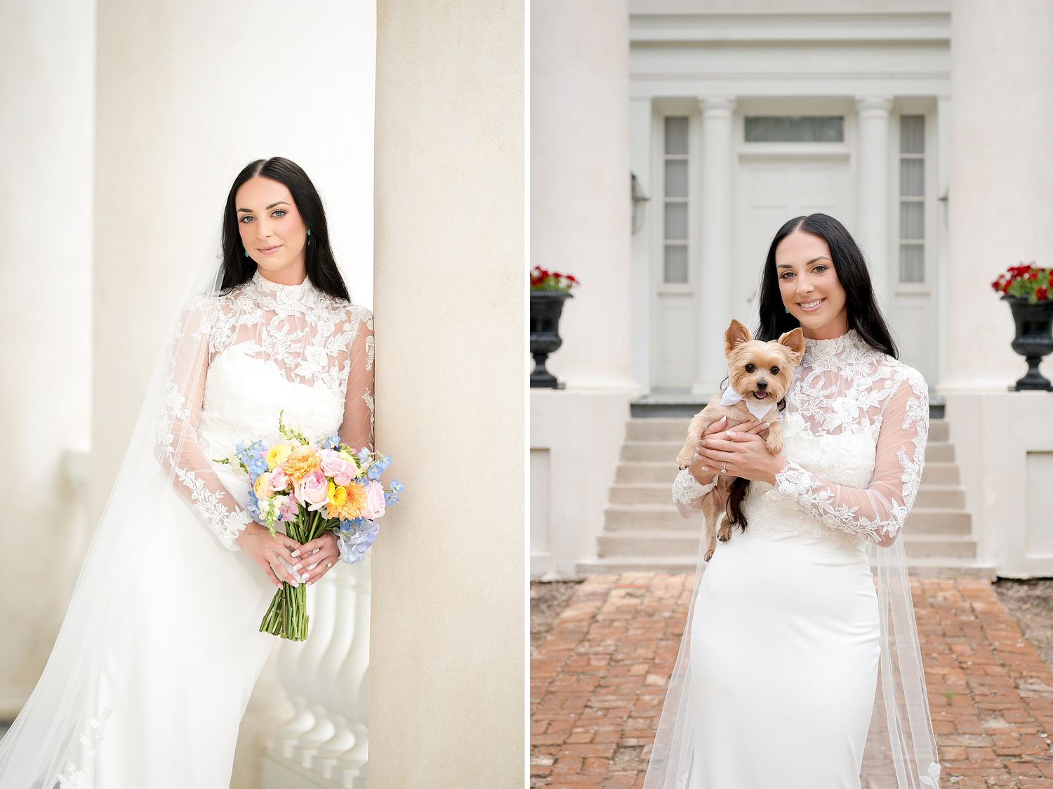 Bride in white lace gown holding colorful bouquet beside columns, and holding a small Yorkshire Terrier dog outside elegant venue.