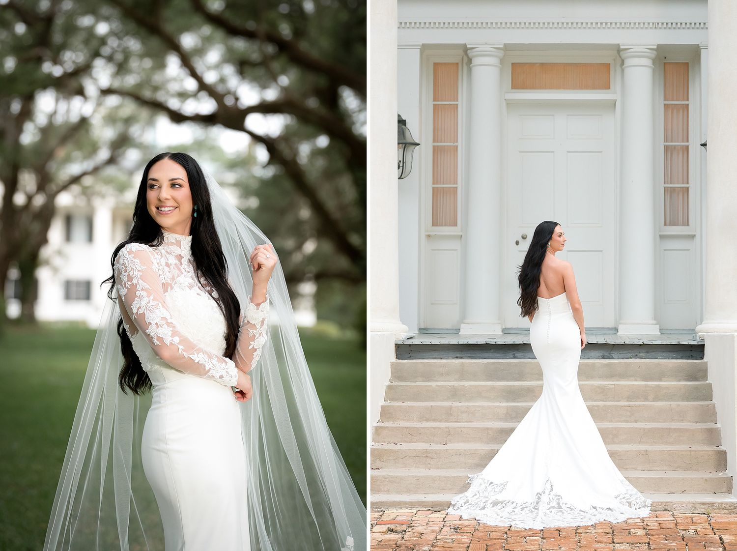 Elegant bride in lace long-sleeve gown and mermaid dress poses outside white Southern plantation estate.