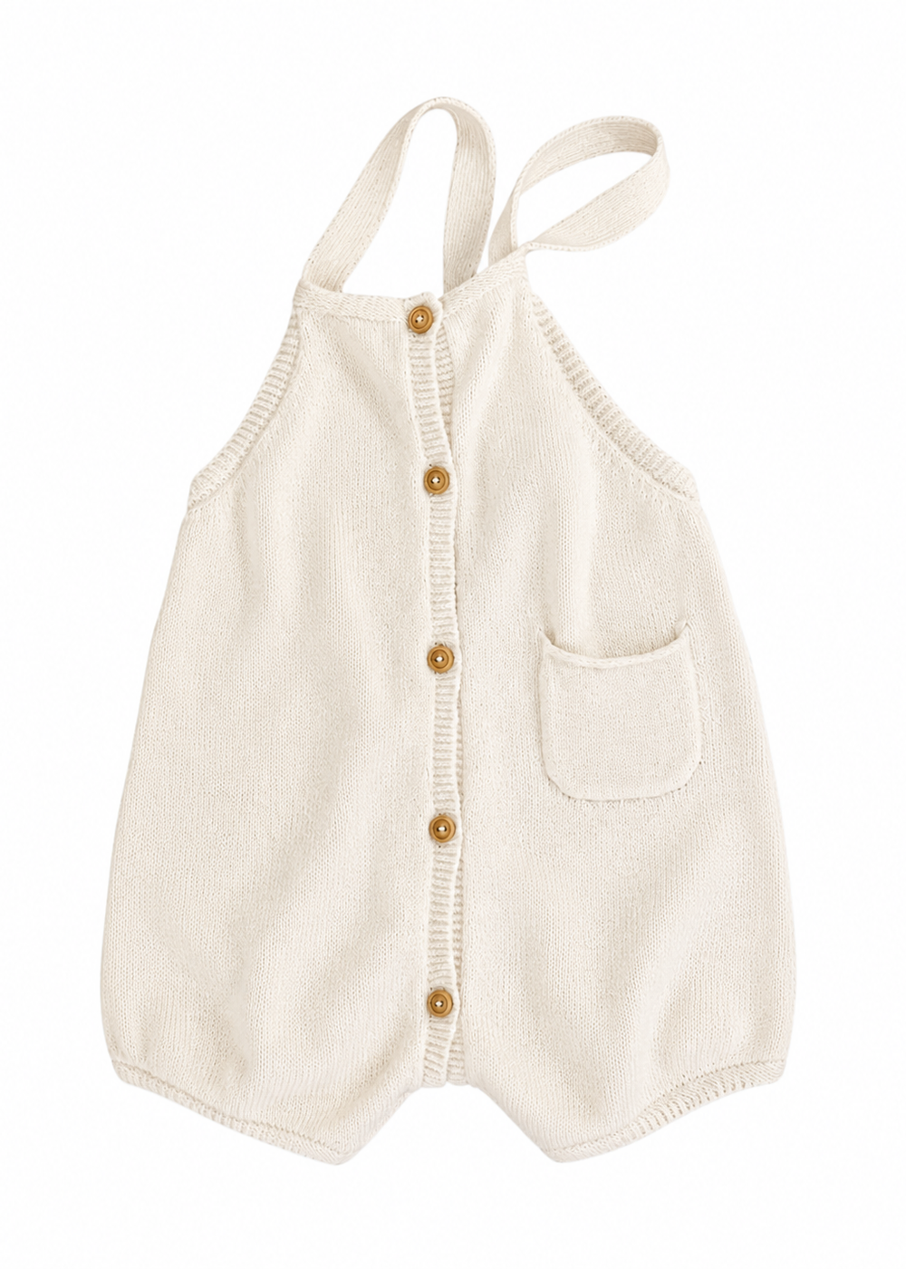 Cream knit baby romper with gold buttons, front pocket, and adjustable straps on white background.