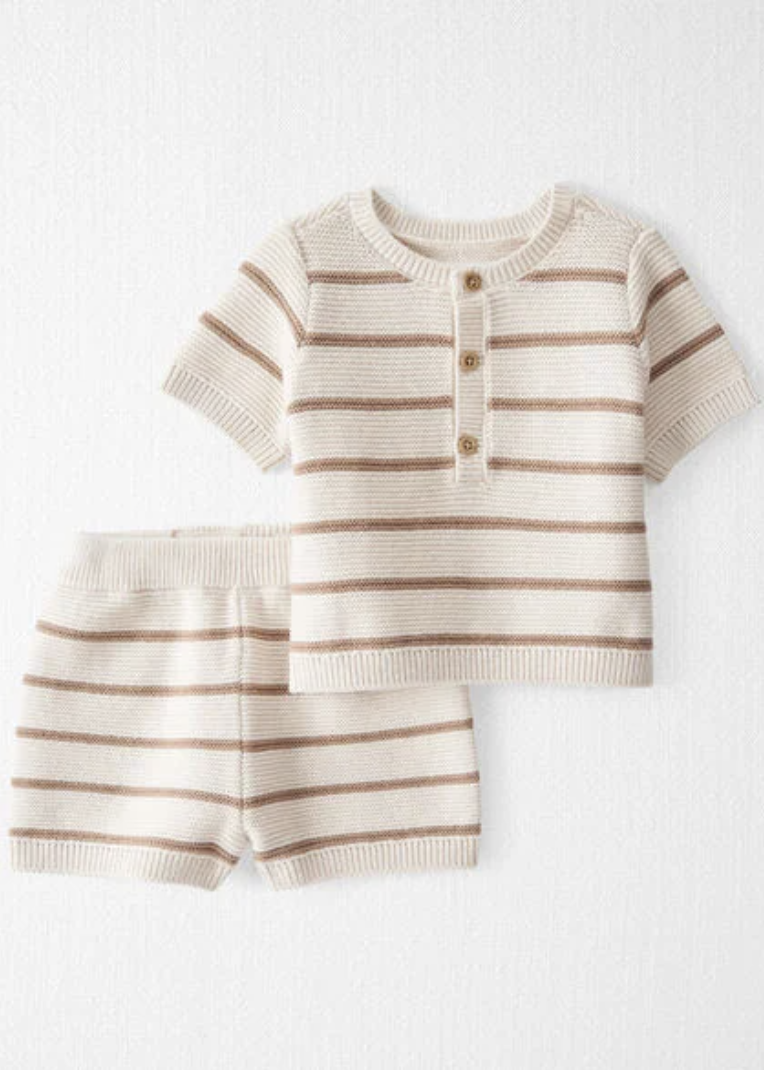 Baby knit two-piece set with cream and tan horizontal stripes, featuring a henley top and matching shorts.