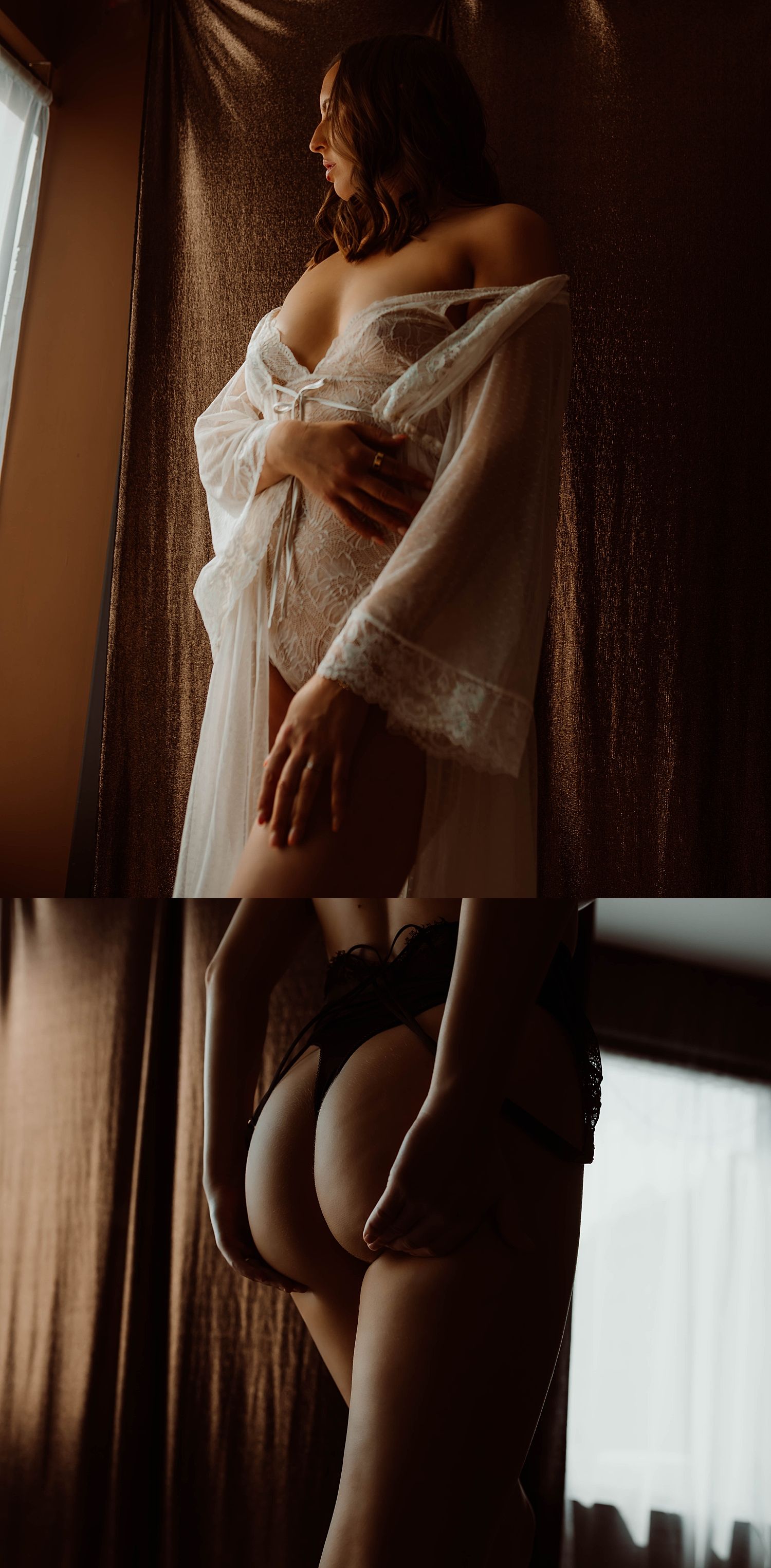woman in white lace lingerie leans against studio wall by Boudoir by KJ