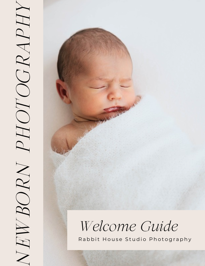 Newborn photography welcome guide cover featuring a sleeping baby swaddled in white, by Rabbit House Studio Photography in Cornwall.