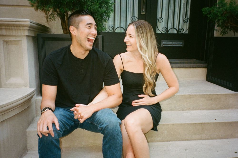film couples photography in New York City, romantic candid moment walking through West Village streets