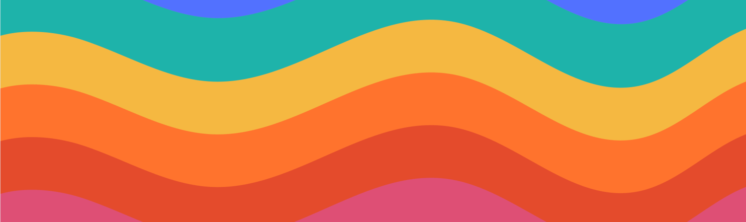 Decorative wavy line pattern in teal, orange and purple colors.