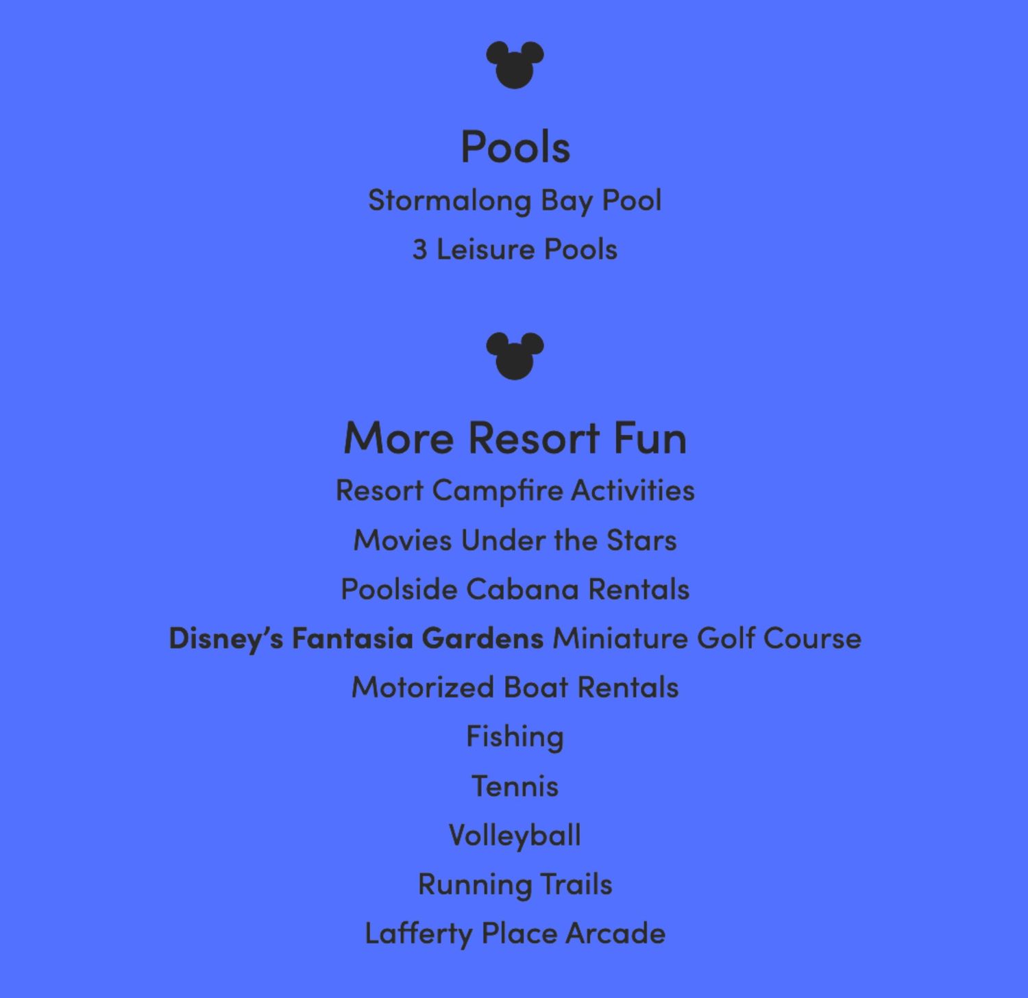 Disney resort amenities list showing pools and activities including golf, tennis, and arcade options at Stormalong Bay.