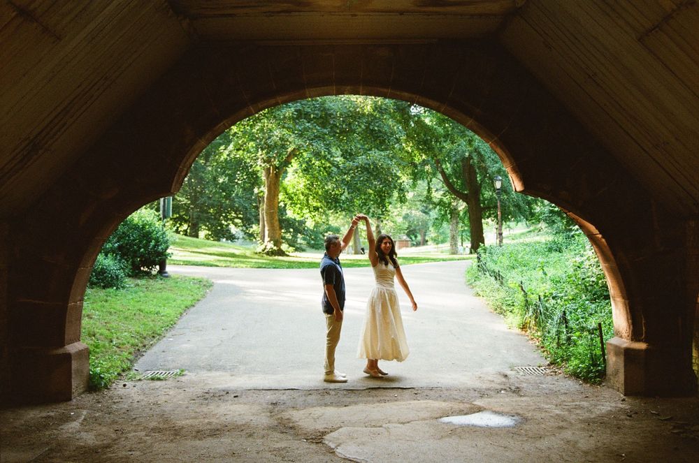 Editorial Central Park engagement session photographed on film with timeless romantic imagery