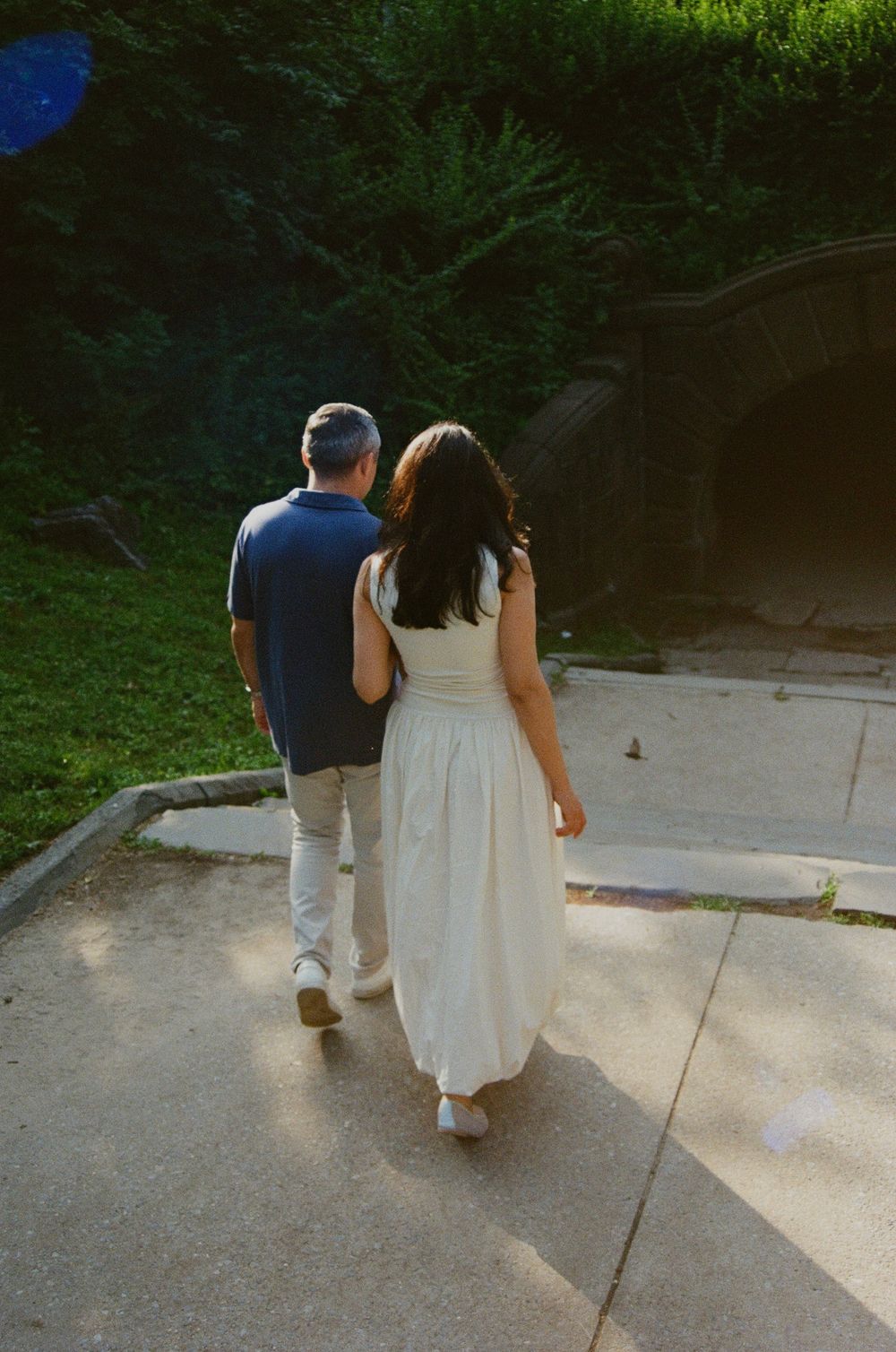 Central Park engagement photography in New York City featuring a romantic couple photographed on 35mm film