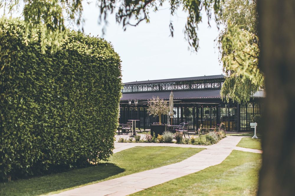 Lush green hedges frame a modern glass building surrounded by manicured lawns and a brick pathway on a sunny day.