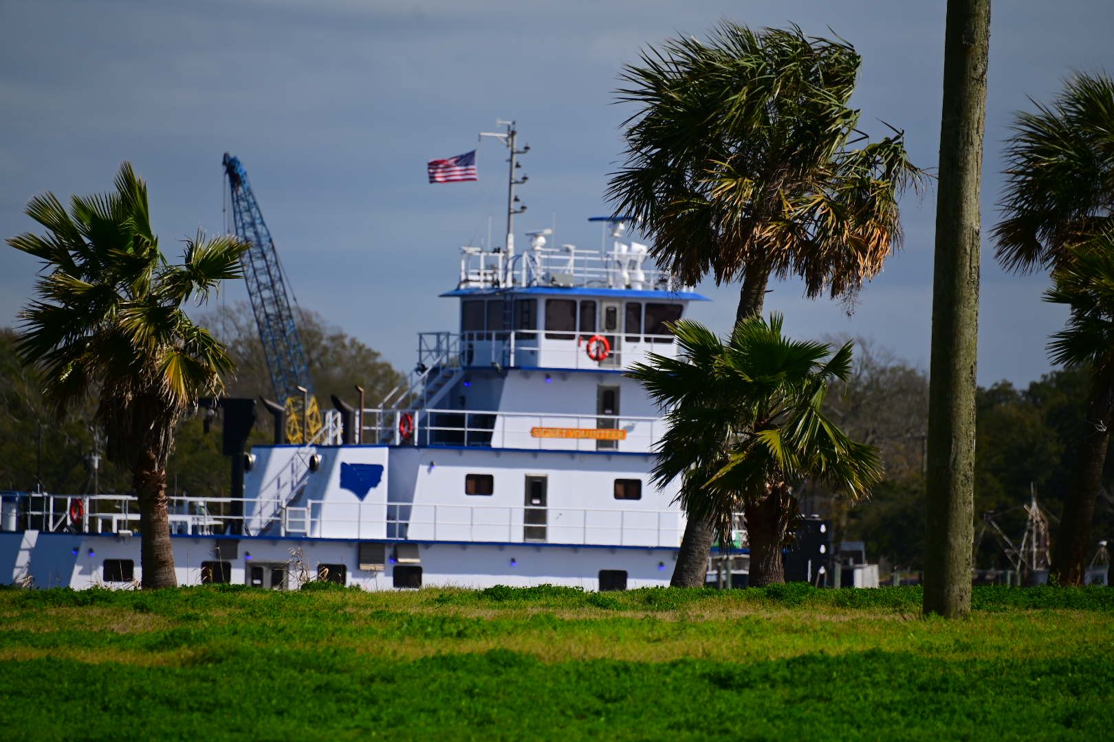 Tugboat with American flag framed by palm trees on Pascagoula Mississippi waterfront