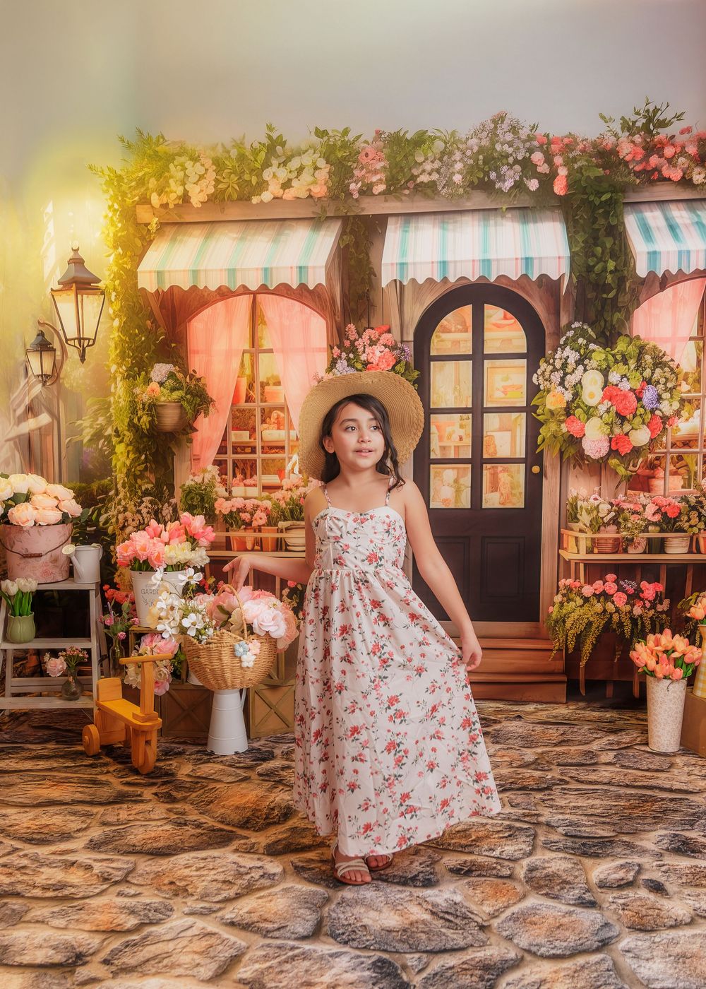 Young girl in floral dress and straw hat stands in a whimsical flower shop studio setting.
