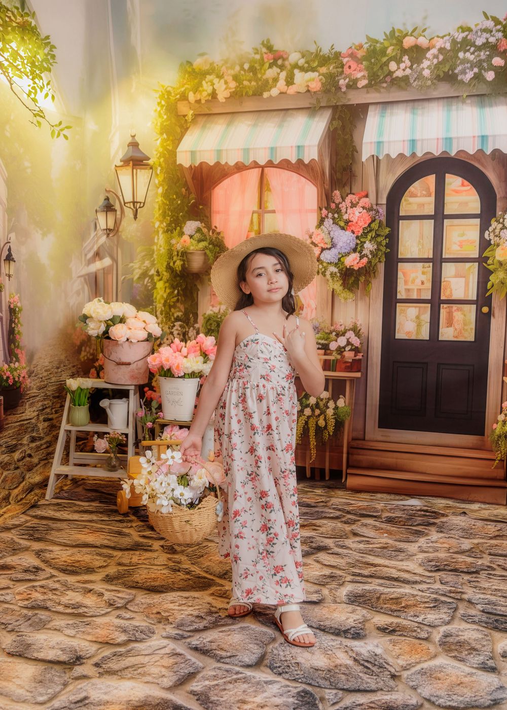 Young girl in floral sundress holds a flower basket in a charming floral shop studio setting.