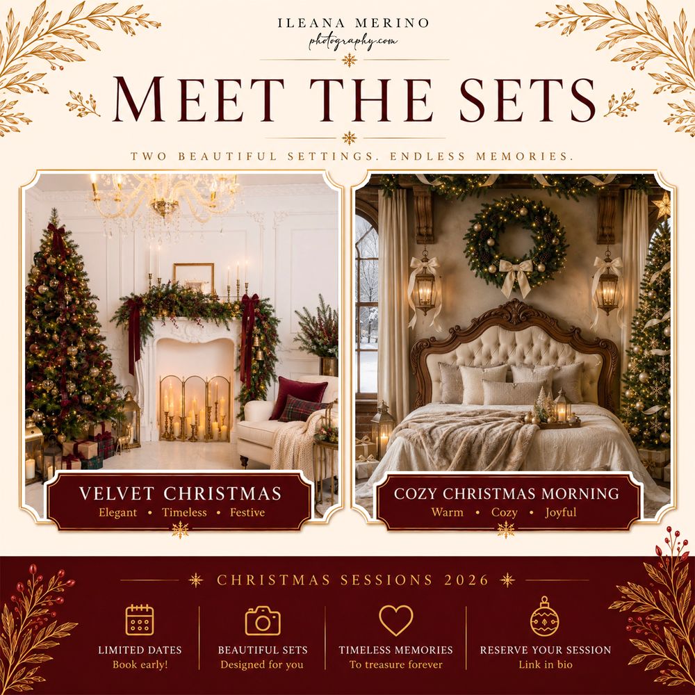 Elegant Christmas photography sets featuring Velvet Christmas and Cozy Christmas Morning backdrops for 2026 holiday sessions.