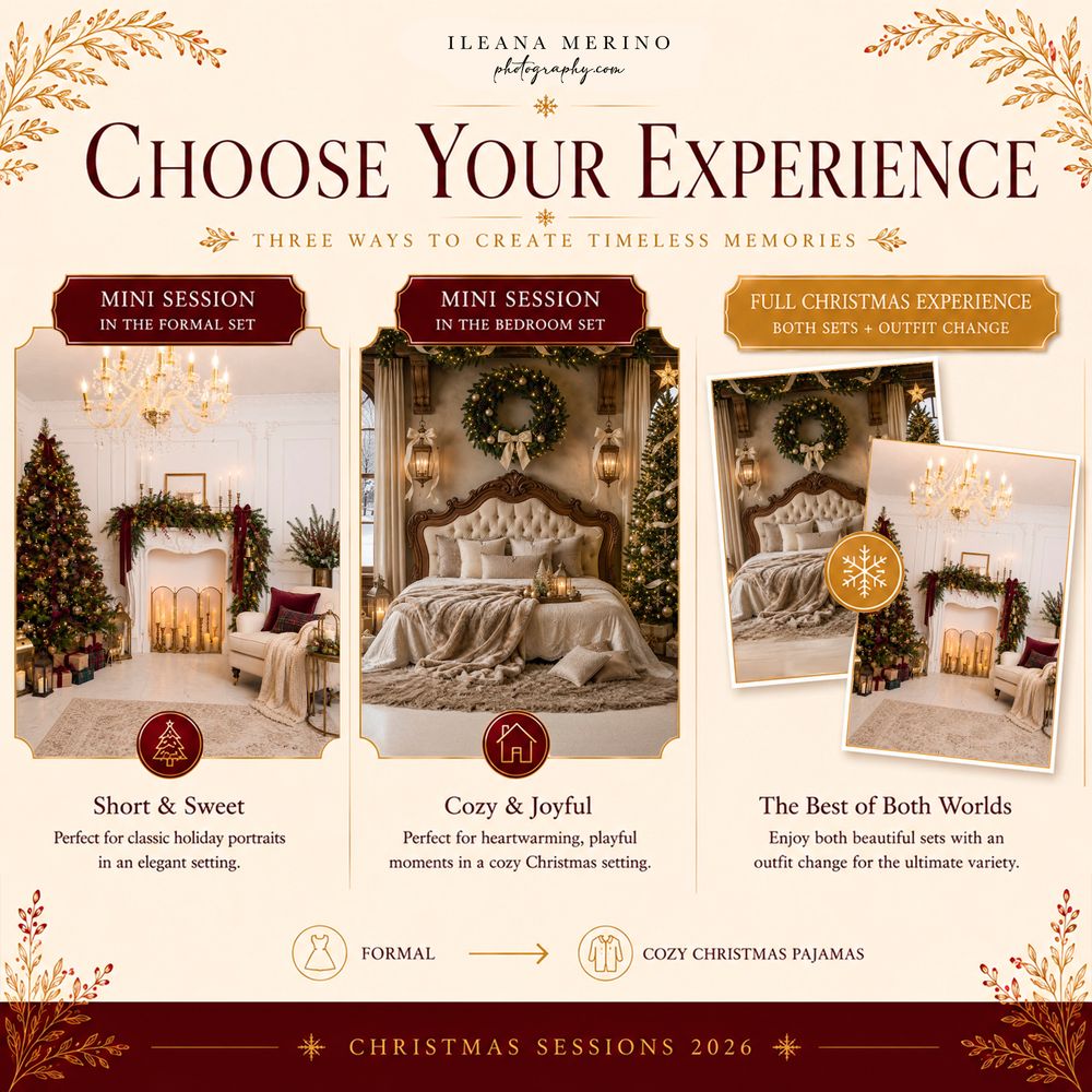 Elegant Christmas mini session ad by Ileana Merino featuring formal and cozy bedroom holiday photography sets for 2026.