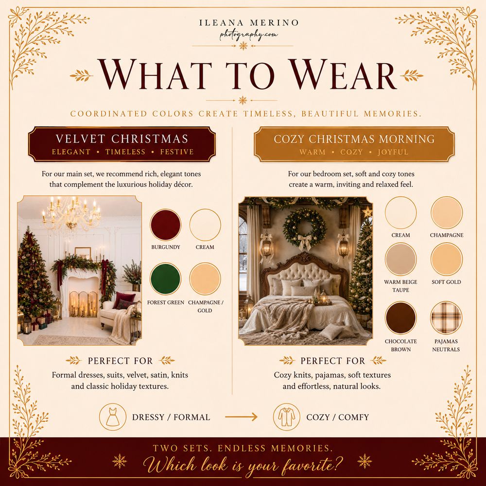 Holiday outfit guide showing Velvet Christmas formal looks and Cozy Christmas Morning casual styles with color palettes.