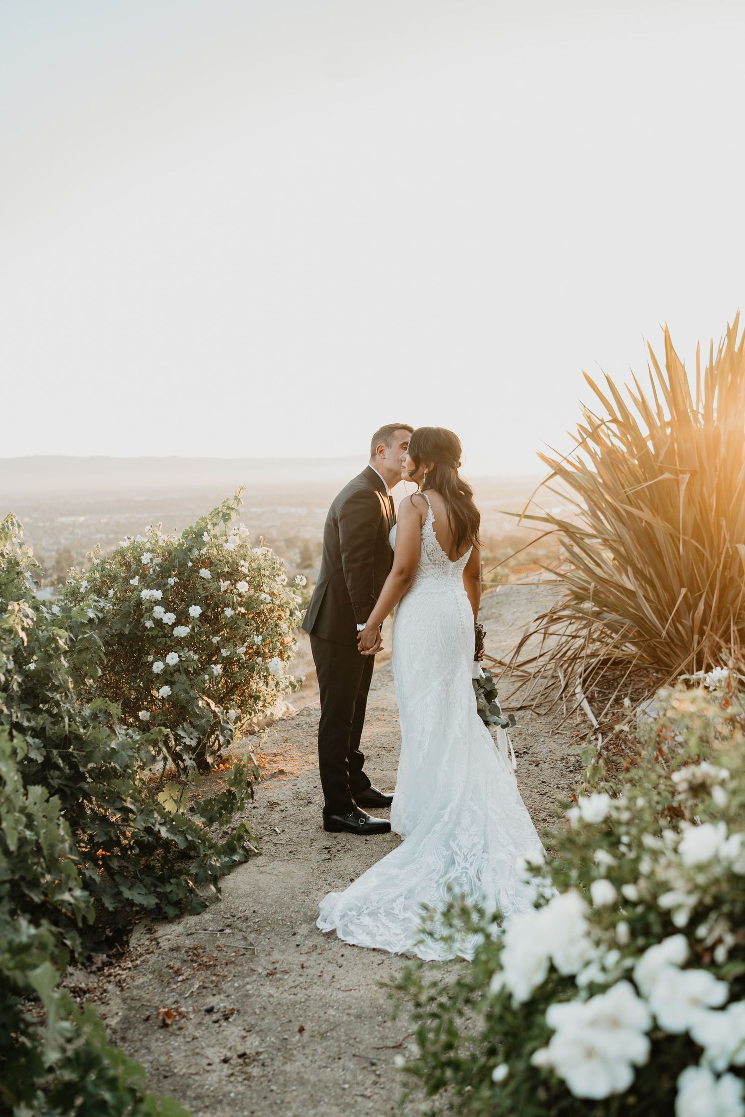 A romantic sunset photo of a couple among white flowers and desert plants.