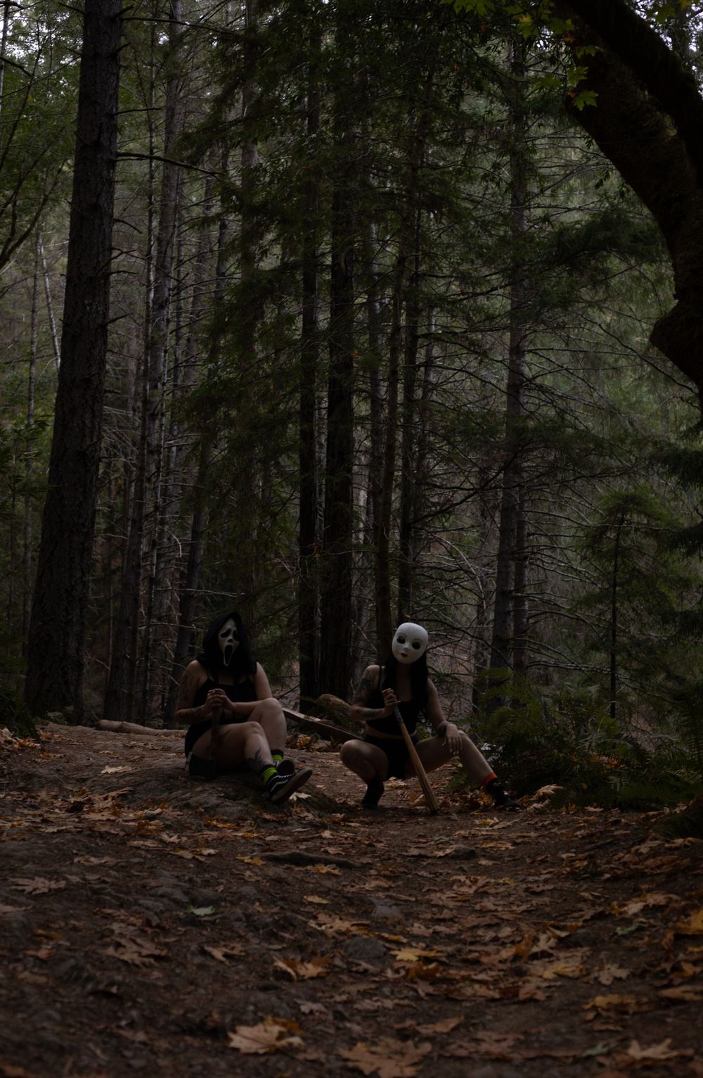 Masked individuals rest on a foggy forest trail surrounded by towering evergreens.