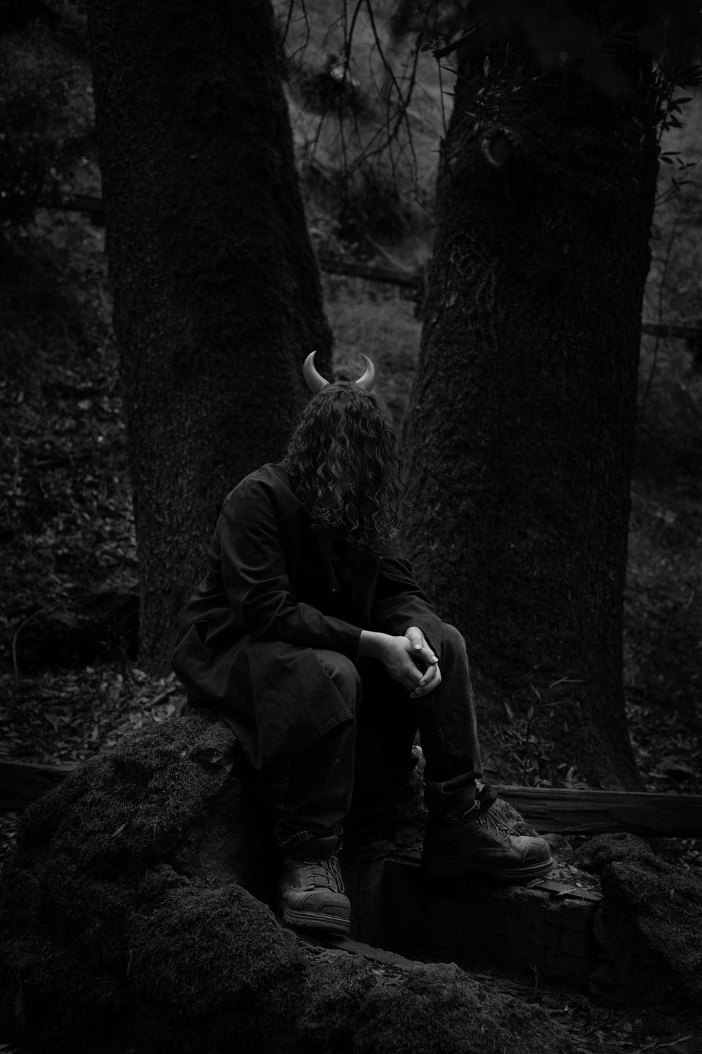 A dark silhouette with horns sits contemplatively between two trees in a moody forest setting.