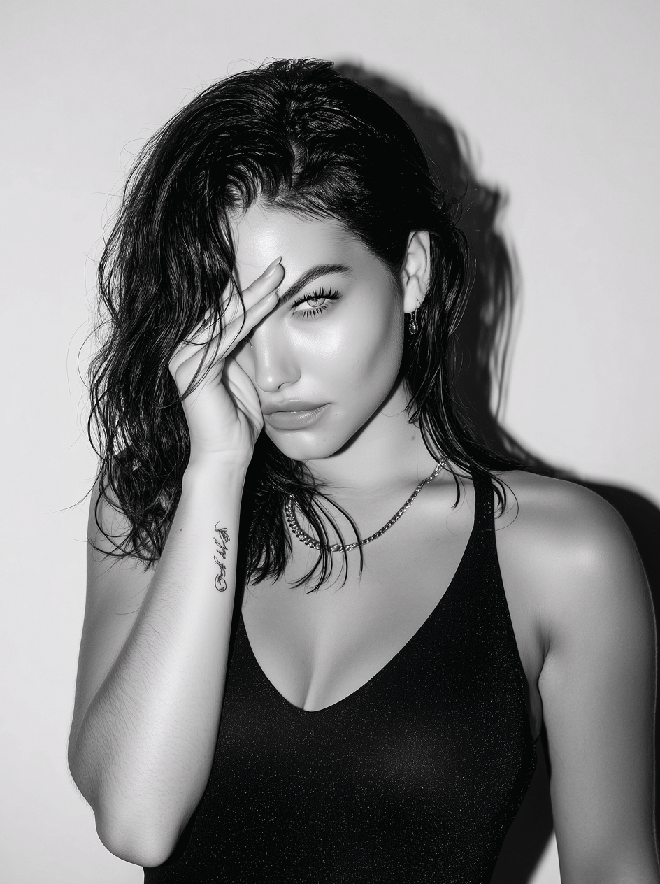 Black and white sequence portrait shots of person in dark tank top with tousled hair and dramatic lighting.