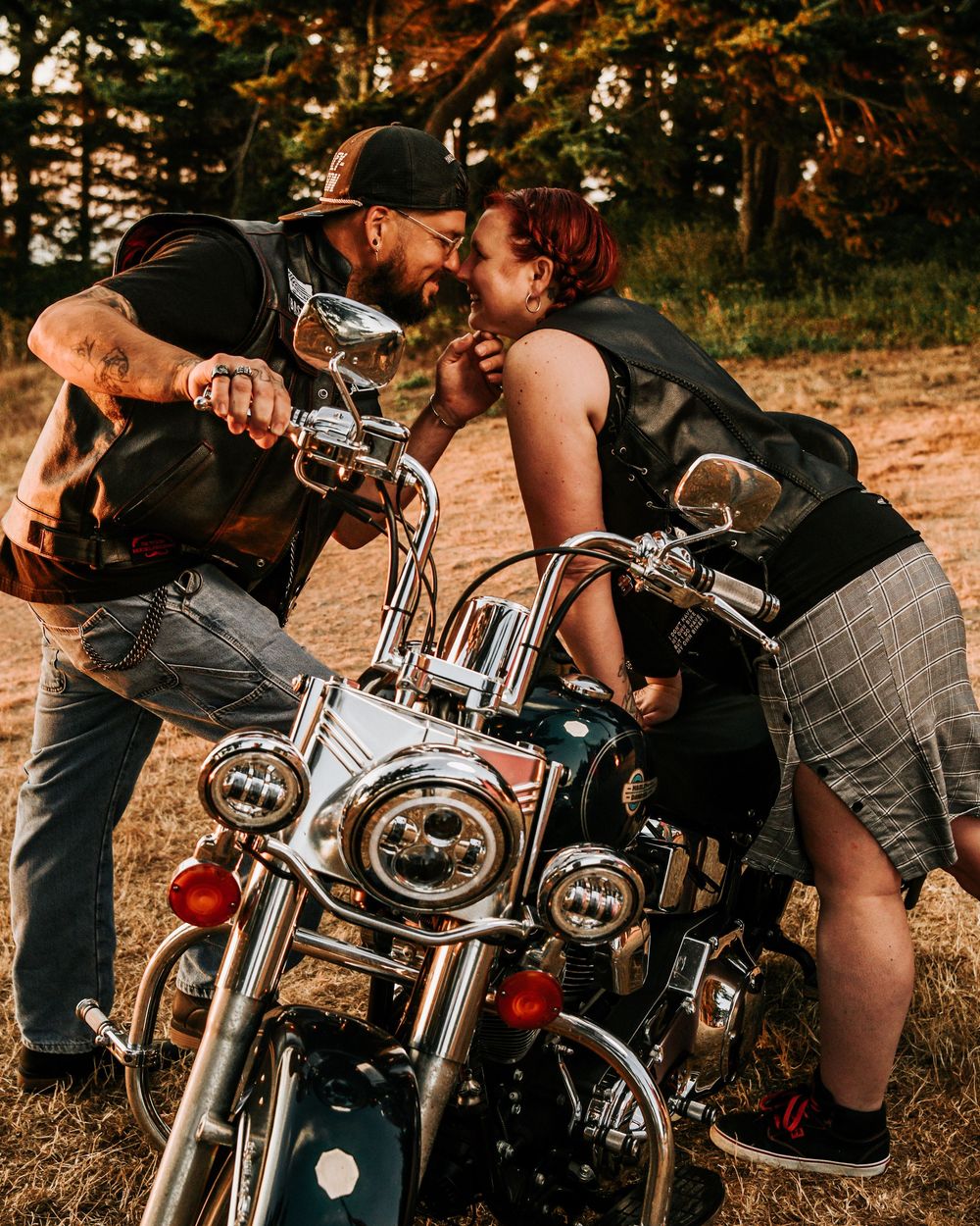A series of motorcycle detail shots showing chrome handlebars and riders in warm sunset lighting.