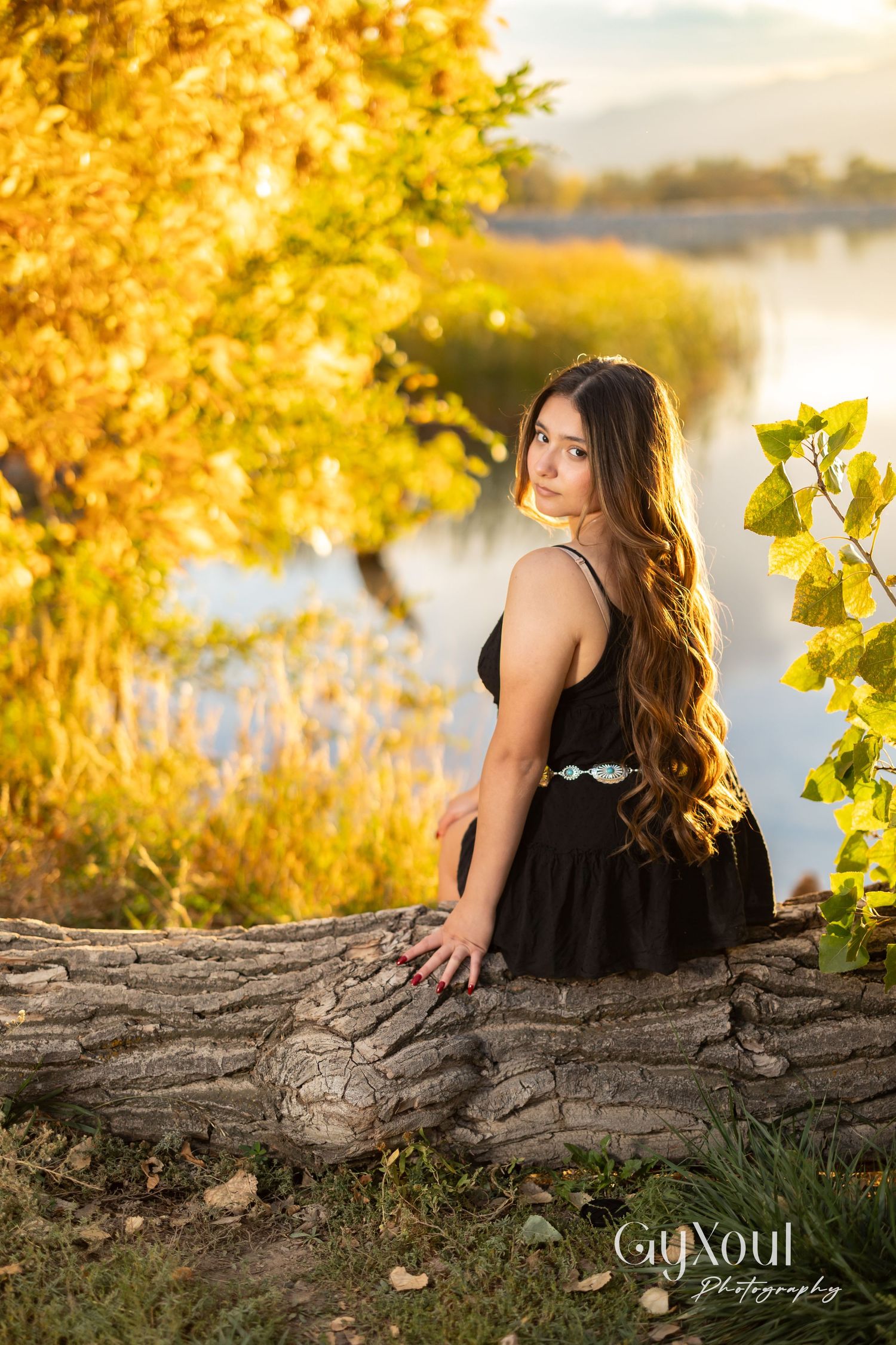 Person in black dress sitting on fallen log during golden hour with autumn foliage and lake view.