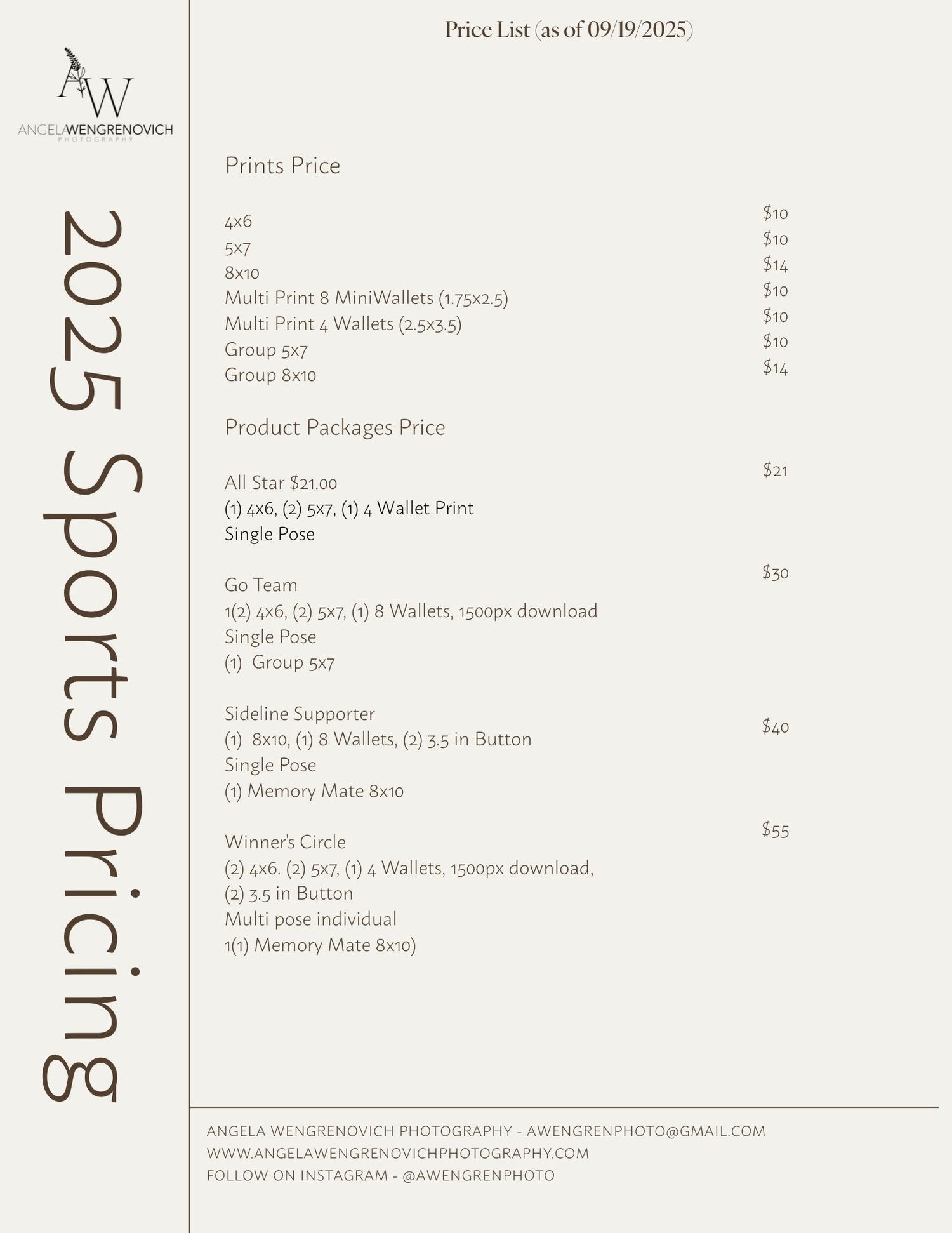 A pricing list document showing product packages and services with costs in a minimalist layout design.