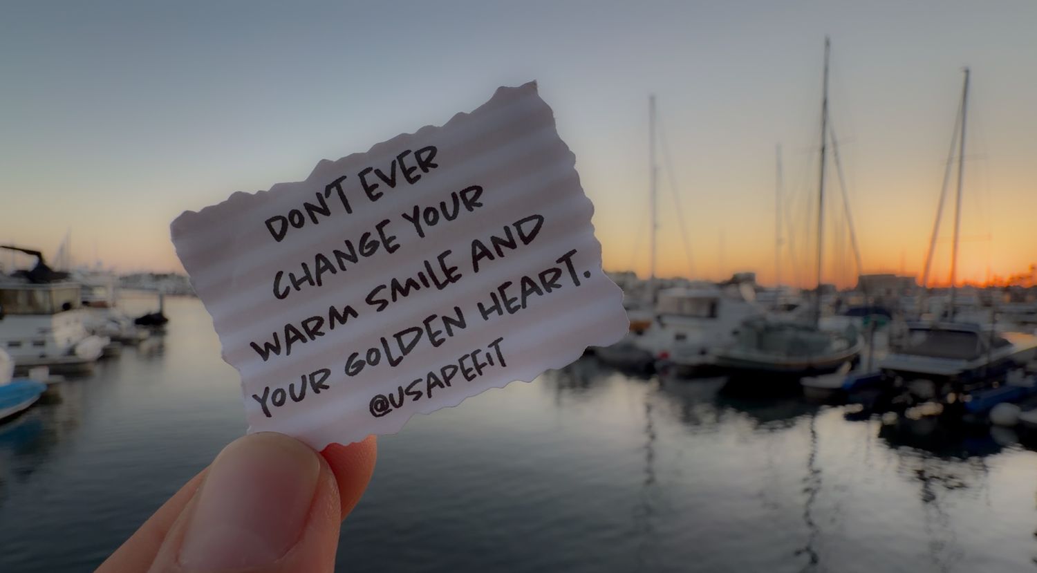 A series of sunset marina views with sailboats and a handwritten inspirational note against an orange sky.