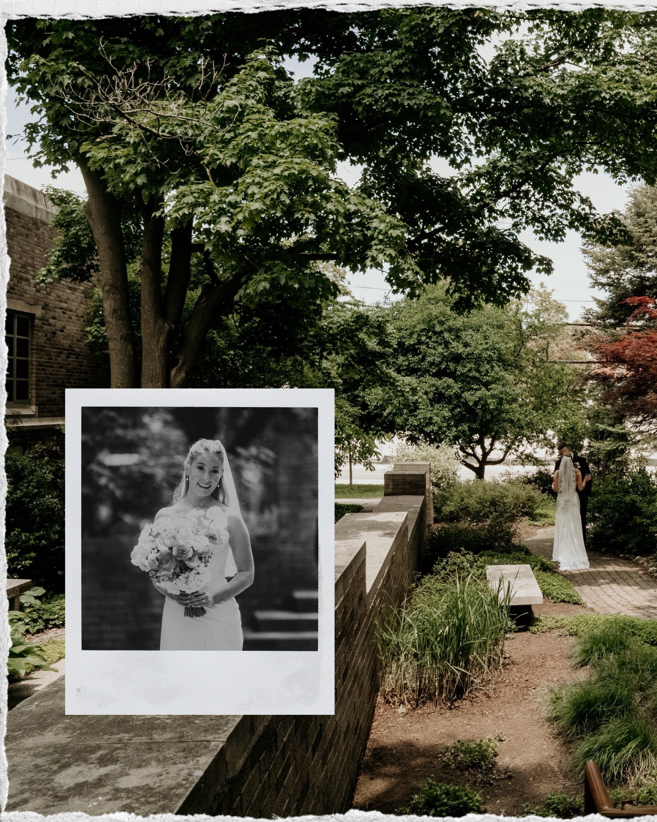 Artistic wedding photo collage displayed against a lush garden backdrop with scattered polaroid-style frames.