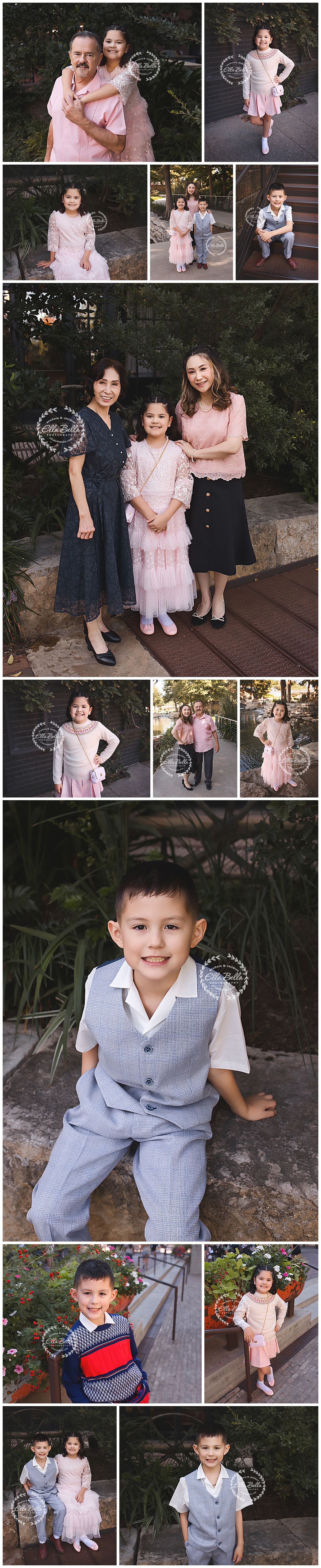 A collection of family photos featuring children in coordinated pink and gray outfits posing outdoors in a garden setting.