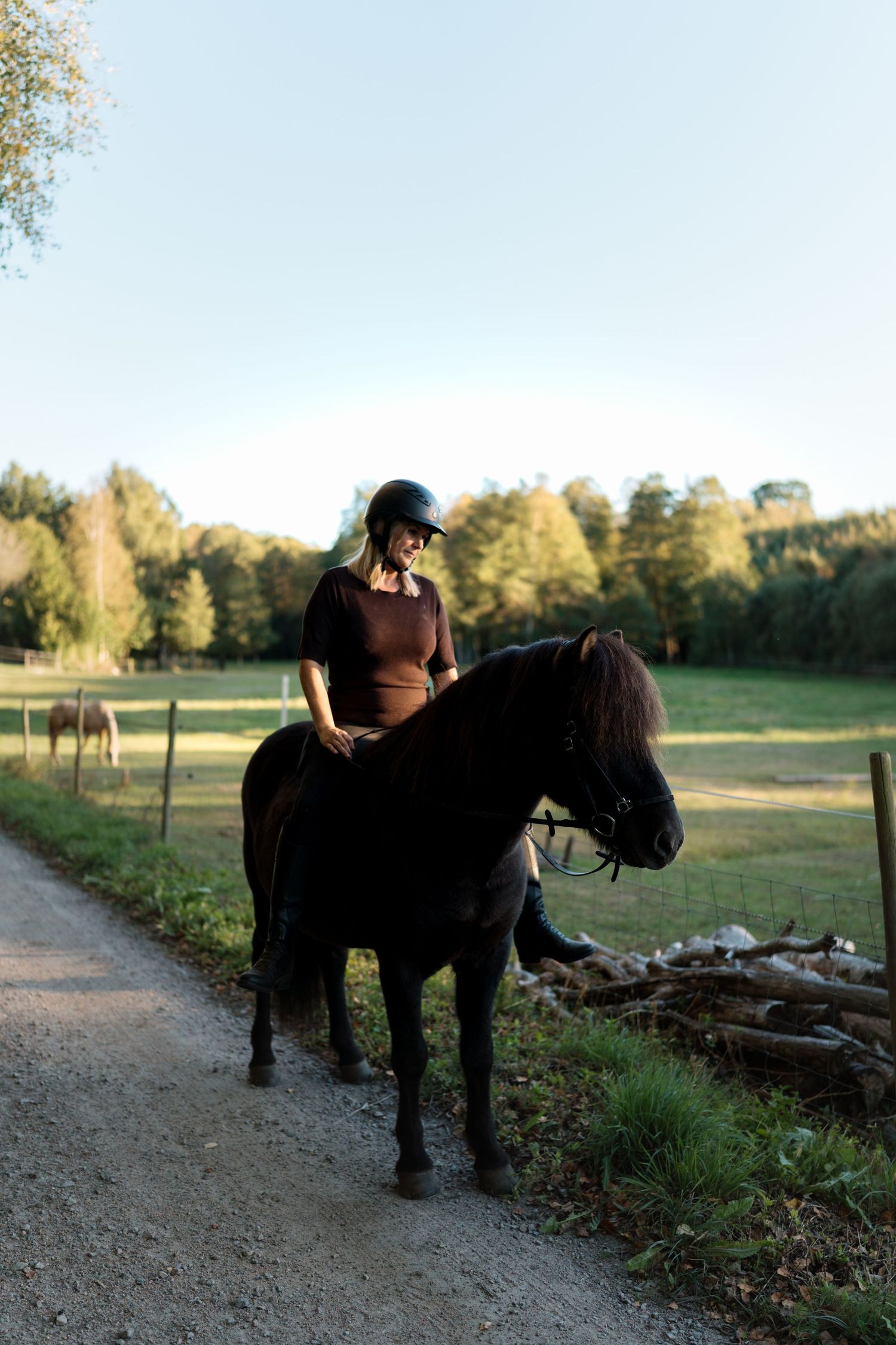 A person stands beside a dark horse on a dirt path during golden hour as sunlight filters through trees in the background.
