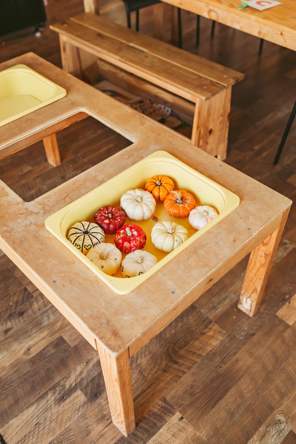 Decorative fall pumpkins in orange and white colors displayed on a wooden table surface.
