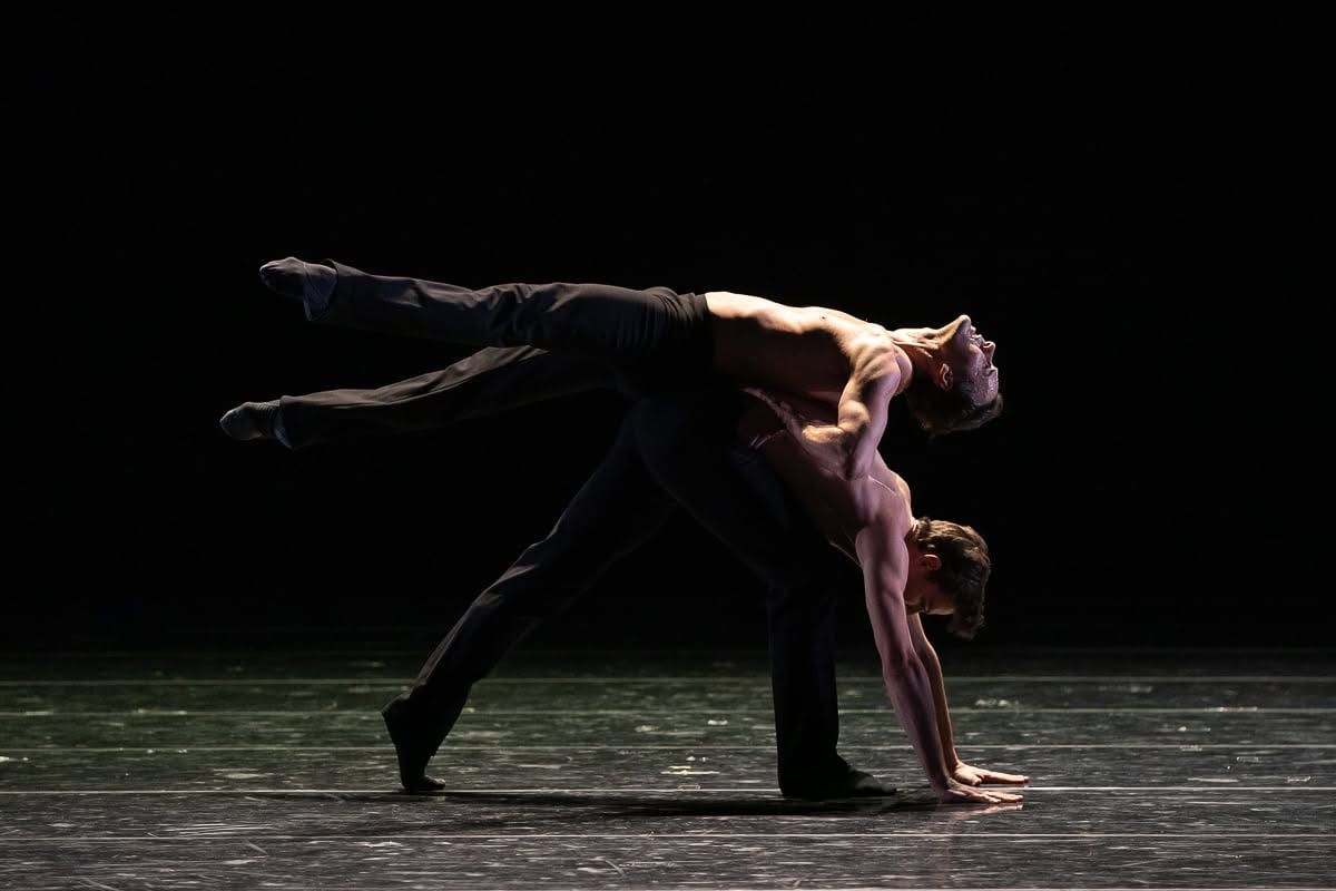 Two contemporary dancers performing an intense partnered balance pose on a dark stage.