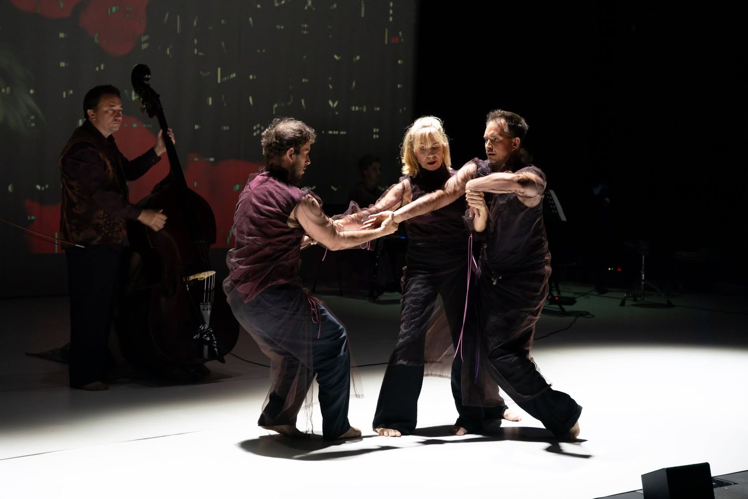 Four performers engage in an intense collaborative contemporary dance piece on a dimly lit stage.