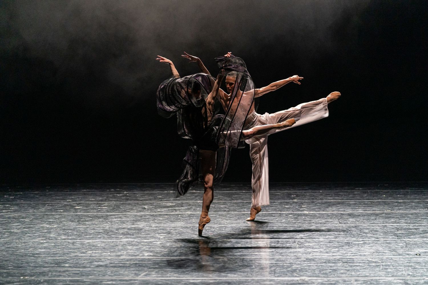Two ballet dancers in flowing dark and light costumes perform an expressive contemporary duet on stage.