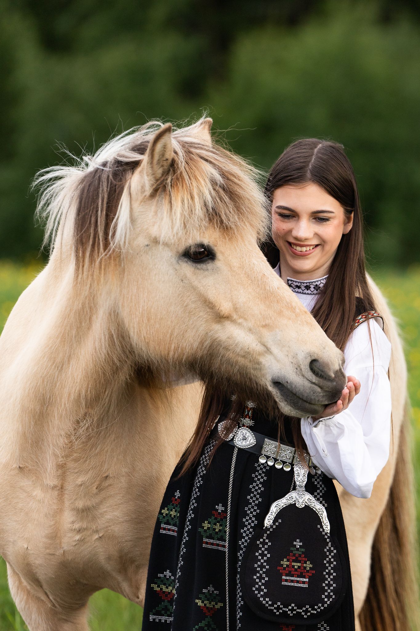Smiling girl in traditional Norwegian bunad dress affectionately feeding a palomino fjord horse outdoors.