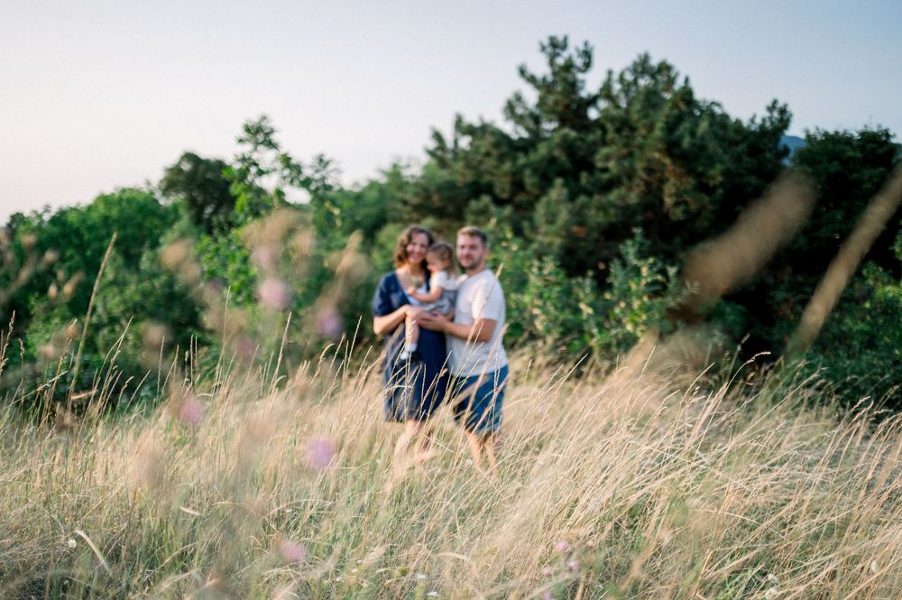 Distant view of family embracing in a summer meadow with golden light.